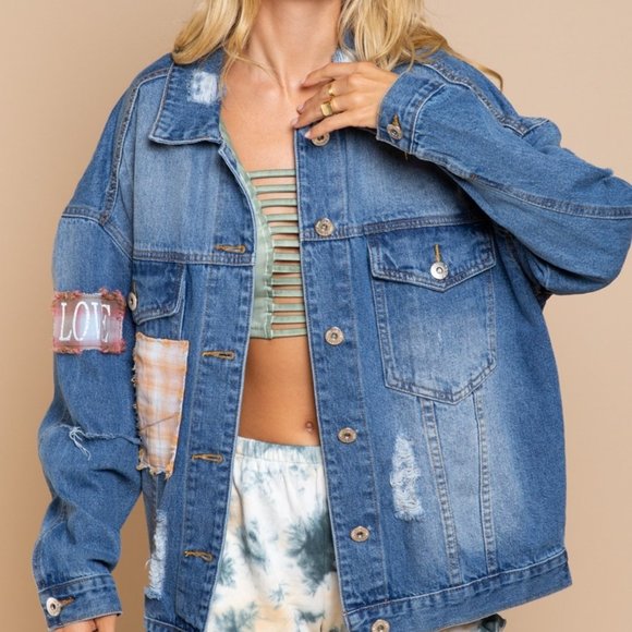 Oversized Distressed Denim "Love" Jacket - Picture 2 of 16